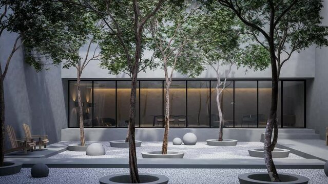 Animation of minimal loft style white stone garden with house room background 3d render,Decorated with trees in planter base. Sunlight shines through the trees