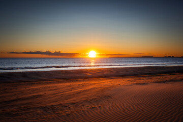 Fototapeta na wymiar Playa de las Arenas beach by the Mediterranean Sea in Valencia at sunrise. Spain