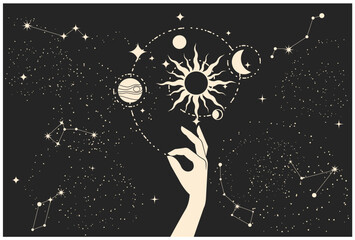 Obraz na płótnie Canvas Magic hand holds galaxy spiral, constellation in night sky, space and astrology sorcery, vector