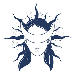 Woman face blindfold with crescent shaped,  gorgon, witch with eyes closed by moon , vector