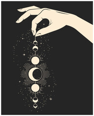 Hand holds pendant with lunar phases, crescent pendulum or amulet, moon witchcraft and sorcery , divination and fortunetelling, vector - obrazy, fototapety, plakaty