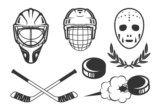 Ice hockey emblems, hockey helmets and retro goalkeeper mask, flying hockey puck, vector