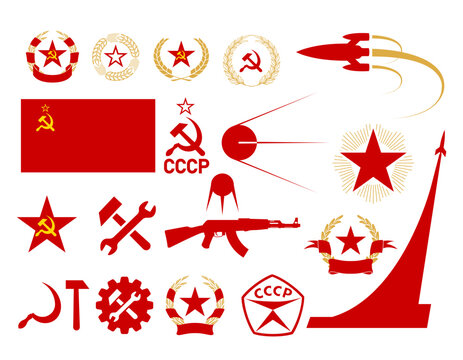 USSR symbolix, communism and socialism icons set, soviet emblems, star, hammer and sickle, USSR flag and star, wreath of wheat and laurel wreath, spacephip and satellite, vector