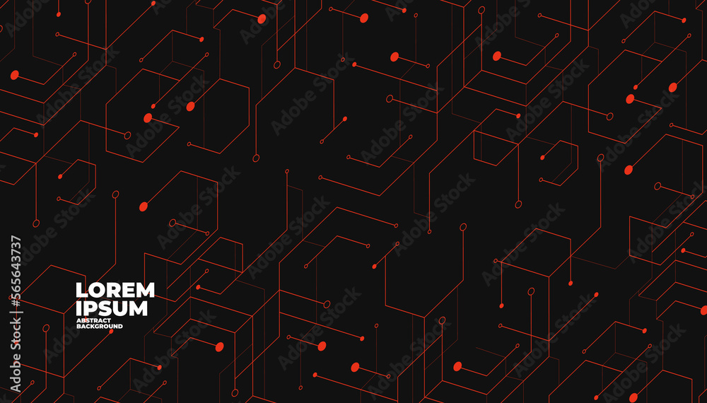Wall mural abstract geometric red lines and dots connection on black cyber design modern technology futuristic 