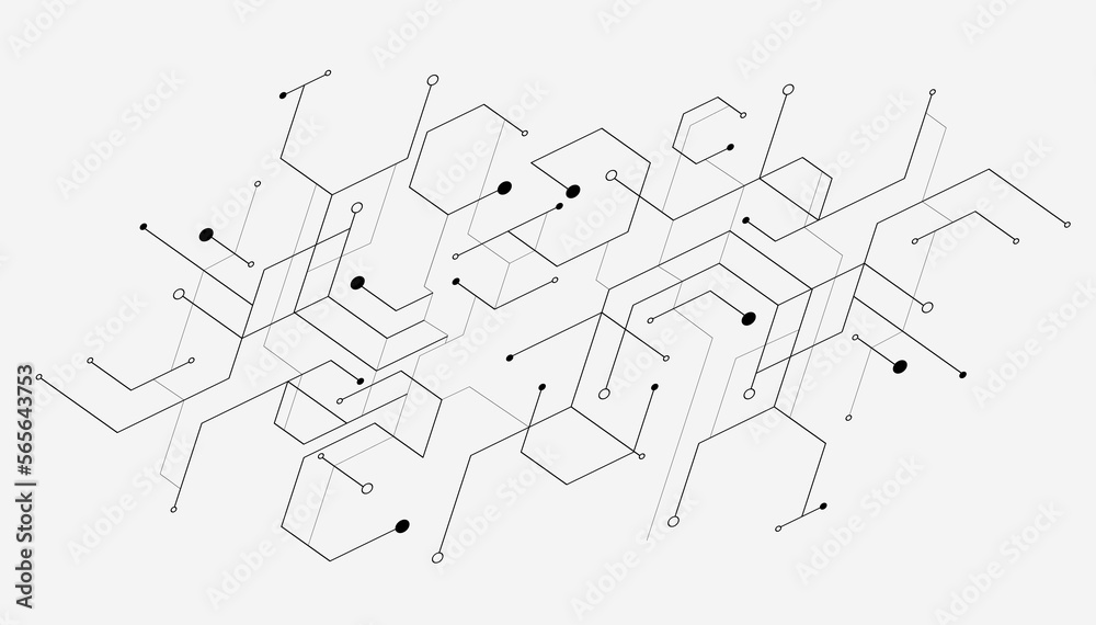 Wall mural abstract geometric hexagon lines and dots connection.