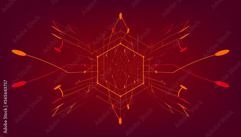 Poster abstract red lines and dots connection on red background.