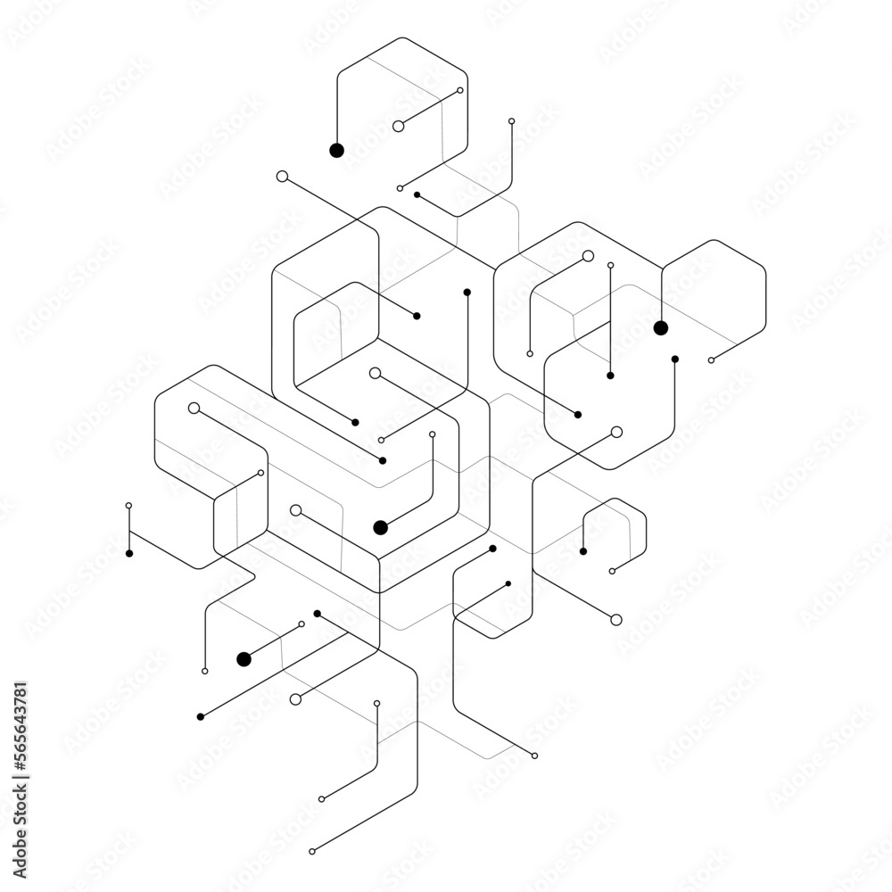 Wall mural abstract geometric hexagon lines and dots connection.