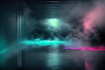 Fototapeta premium Abstract dark neon geometric background inside a dark empty room and glowing laser lines on the walls. Wet concrete floor, neon light reflection. Wallpaper futuristic technology. AI