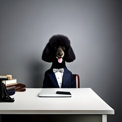 professional portrait photoshoot of a Poodle in a business suit sitting behind a desk in an office, generative ai

