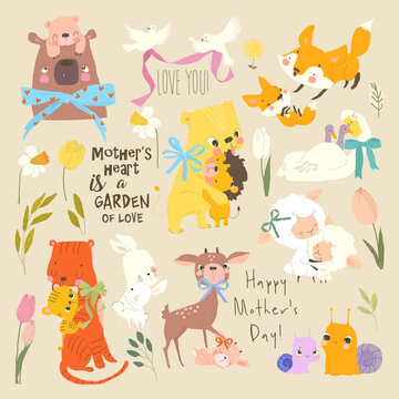 Set of Cute Animals for Mothers Day in Cartoon Style
