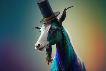 Illustration of a goat wearing a top hat as magician. Animals in people's lives and their influence, funny characters. Generative AI