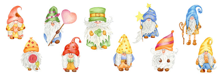 Obraz na płótnie Canvas Watercolor large set with various Gnomes. Illustration of a Christmas gnome, Valentine and Patrick's Day. Druid, Elf and Magical Star Dwarf.