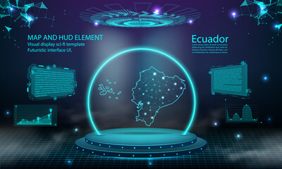 ecuador map light connecting effect background. abstract digital technology UI, GUI, futuristic HUD Virtual Interface with ecuador map. Stage futuristic podium in fog. - obrazy, fototapety, plakaty