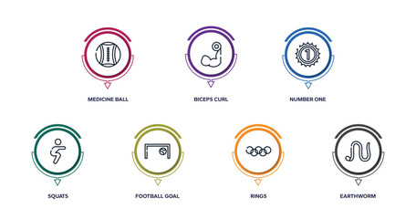 Fototapeta na wymiar fisherman outline icons with infographic template. thin line icons such as medicine ball, biceps curl, number one, squats, football goal, rings, earthworm vector.