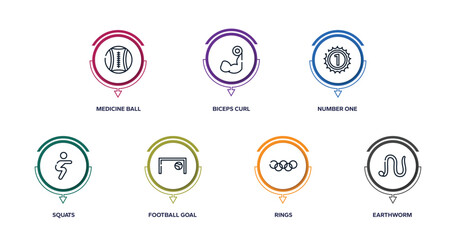 fisherman outline icons with infographic template. thin line icons such as medicine ball, biceps curl, number one, squats, football goal, rings, earthworm vector.