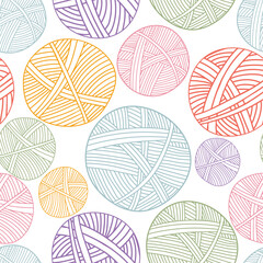 Seamless pattern with balls of yarn for knitting. Female hobby concept. Modern print for fabric, textiles, wrapping paper. Vector illustration