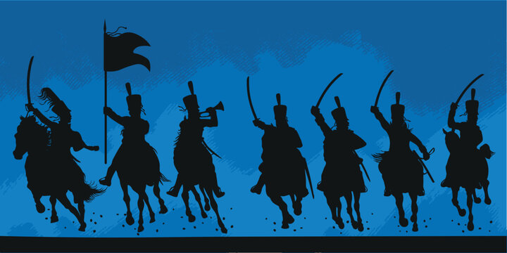 Silhouette of a horse soldiers. Cavalry i charge. Prussian hussars in attack. Napoleonic wars. Vector illustration. Isolated. Europe.