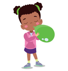 little kid standing and blowing a balloon