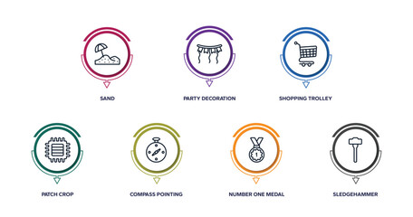 general outline icons with infographic template. thin line icons such as sand, party decoration, shopping trolley, patch crop, compass pointing south east, number one medal, sledgehammer vector.