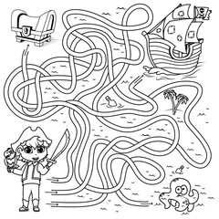 Puzzle for children. Labyrinth. Coloring the outline of the labyrinth in which you need to help the pirate find the way to the ship. Coloring book for children.