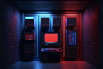 Vintage supercomputer in a dark room