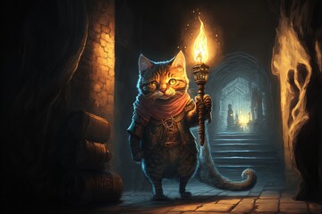 cat exploring a dungeon in search of dragons using a torch illustration generative ai