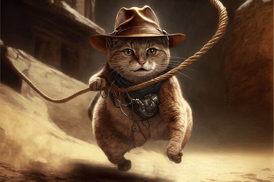 cat archaeologist with hat and whip escaping from danger illustration generative ai