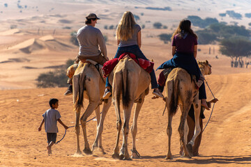 people riding camels in the desert 