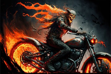 Hell infernal biker with bike in fire flames illustration generative ai - obrazy, fototapety, plakaty