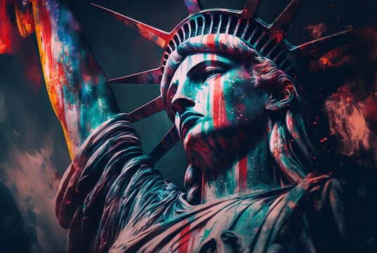 Statue of Liberty. Red paint or blood concept running down. Generative AI
