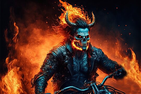 Hell infernal biker with bike in fire flames illustration generative ai