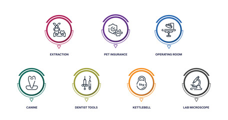 Fototapeta na wymiar health outline icons with infographic template. thin line icons such as extraction, pet insurance, operating room, canine, dentist tools, kettlebell, lab microscope vector.