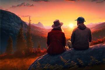 Obraz premium A Sunset to Remember: Happy Couple Watches Nature's Beauty Unfold