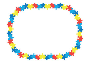 World autism awareness day. Colorful puzzles frame vector background. Symbol of autism. Medical flat illustration. Health care
