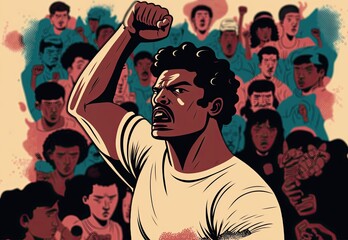 An illustration of a person of color with their fist raised, surrounded by a crowd of people of different races and ethnicities, representing the idea of the fight for racial justice, generative ai