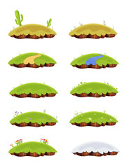 Set of island landscapes with green grass, snow and praire plants. Location icons for mobile games.