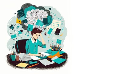 Burnout at Work: An illustration of a man sitting in a cluttered office, looking exhausted and stressed, representing the negative effects of overwork and burnout, copy spacegenerative ai