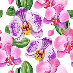 
Watercolor orchids in a seamless pattern. Can be used as fabric, wallpaper, wrap.