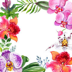 Watercolor orchids and leaves in a greeting frame.
