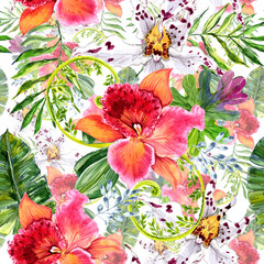 Watercolor orchids and leaves in a seamless pattern. Can be used as fabric, wallpaper, wrap.