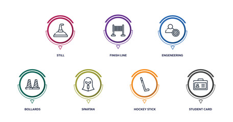 college outline icons with infographic template. thin line icons such as still, finish line, engeneering, bollards, spartan, hockey stick, student card vector.