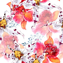 
Watercolor orchids in a seamless pattern. Can be used as fabric, wallpaper, wrap.