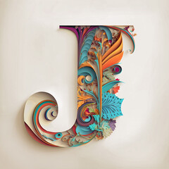 Letter J Papercut Floral. Generative AI Illustration of ABC Alphabet. Typography.