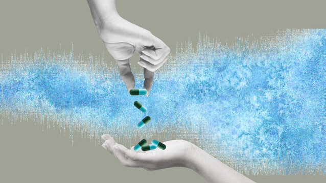 Human Hand Holds Pile Of Pills And Tablets Isolated From Grey Background. Concept Of Medication Treating Illness Or Disorder. Cartoon Flat Vector Illustration.