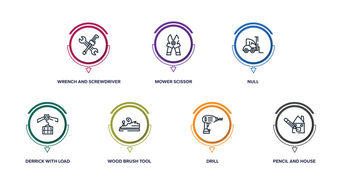 hand drawn construction outline icons with infographic template. thin line icons such as wrench and screwdriver cross, mower scissor, null, derrick with load, wood brush tool, drill, pencil and