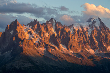 Mountain peaks of the Mont Blanc massif during sunset, French alps, Chamonix-Mont-Blanc,...