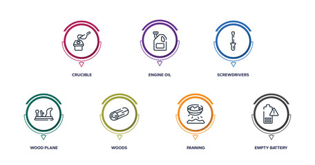 electrician tools outline icons with infographic template. thin line icons such as crucible, engine oil, screwdrivers, wood plane, woods, panning, empty battery vector.