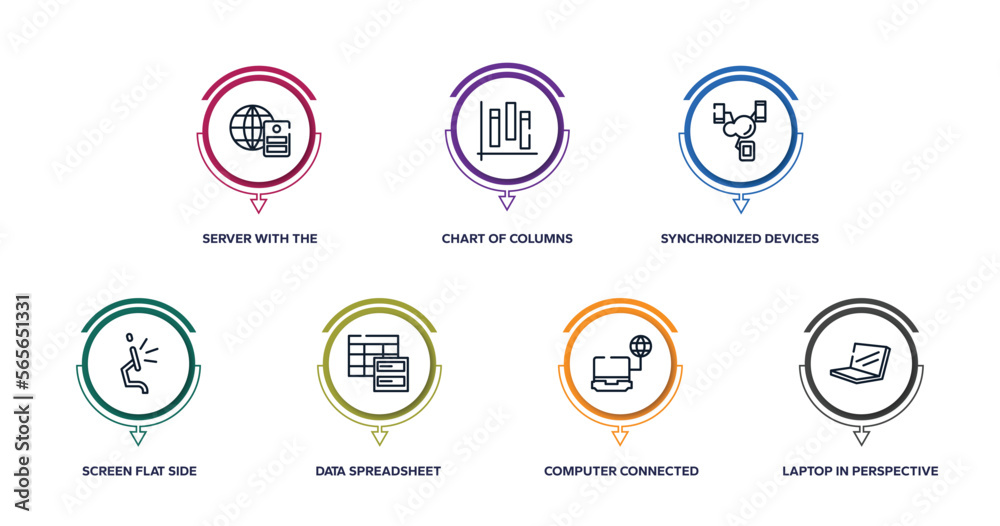Poster modern screen outline icons with infographic template. thin line icons such as server with the earth
