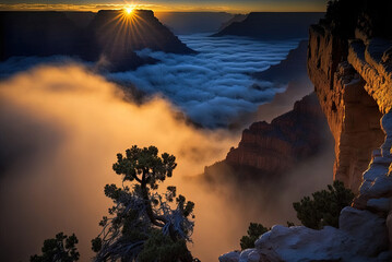 Grand Canyon sunrise with fog by generative AI