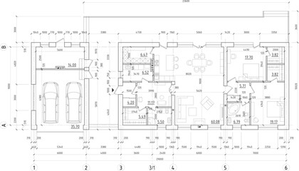 Architectural plan of a one-story manor house with a large terrace. The layout of an individual one-story house with a garage, two bedrooms, a kitchen, a living room, two bathrooms, dressing rooms